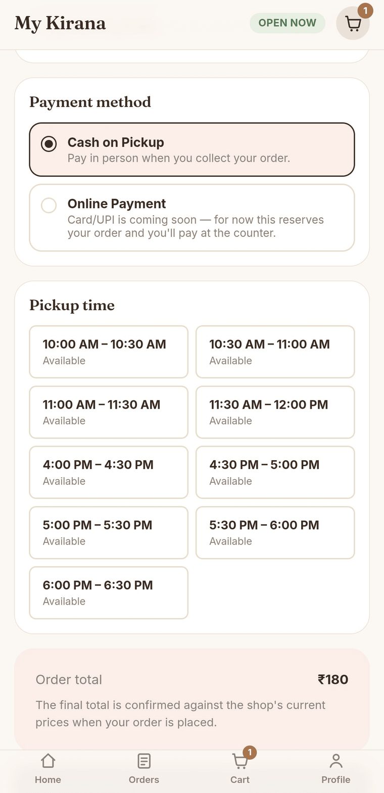 MyKirana customer app showing pickup time slot selection and order total