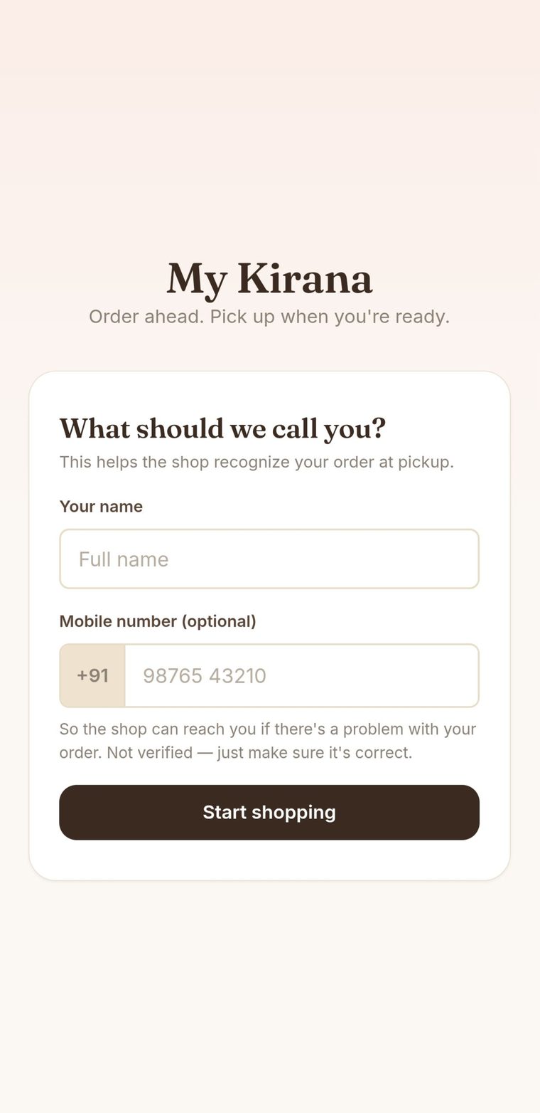 MyKirana customer app onboarding screen asking for the customer's name and mobile number