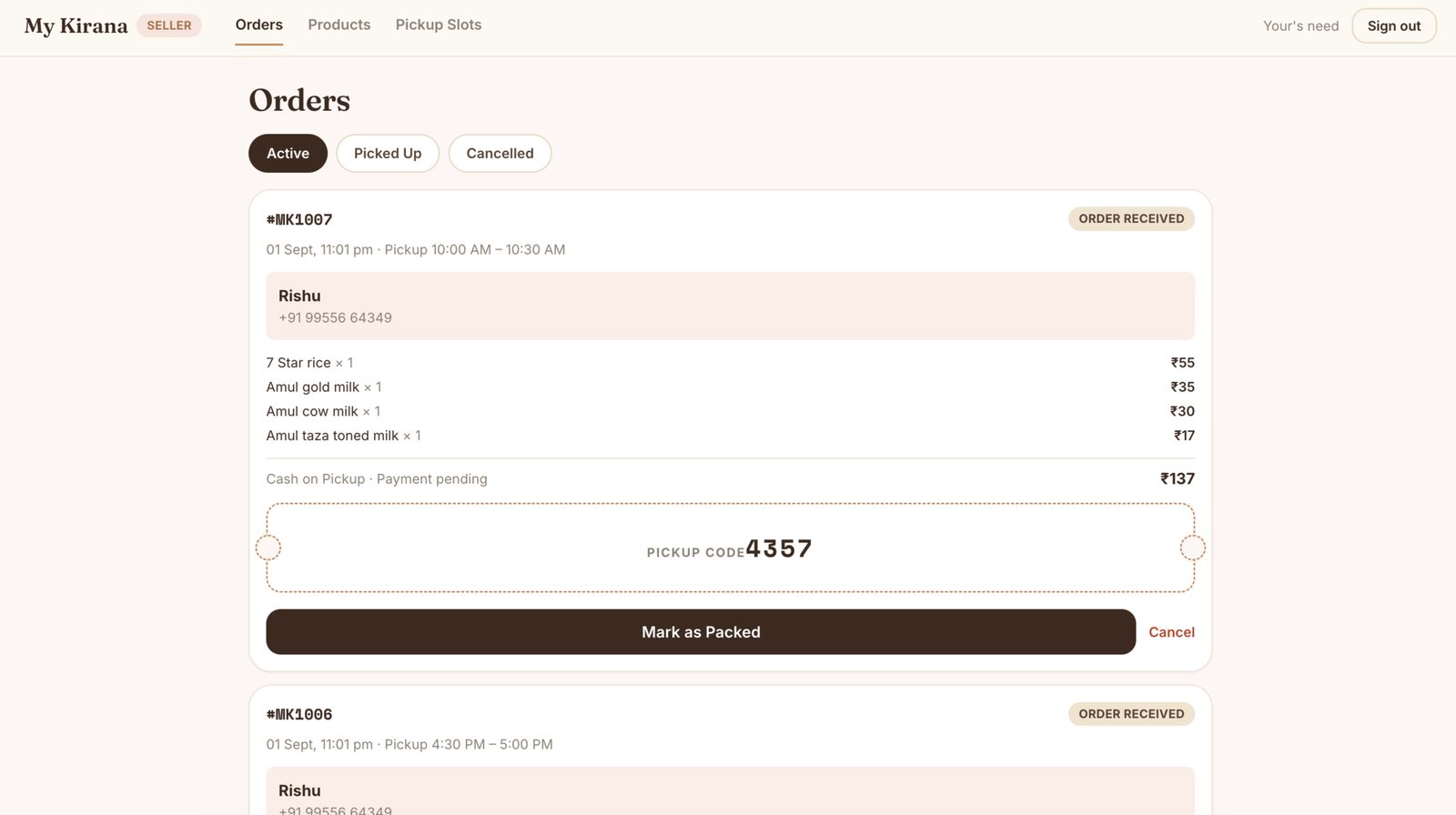 MyKirana seller dashboard listing active orders with items, totals, and a pickup code